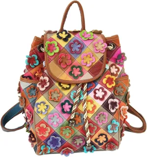 Downupdown 3D Floral Backpacks for Women Genuine Leather Backpack Flap knapsack Bucket Bag Satchel Shoulder Bags Fashion Bags -Multicolour