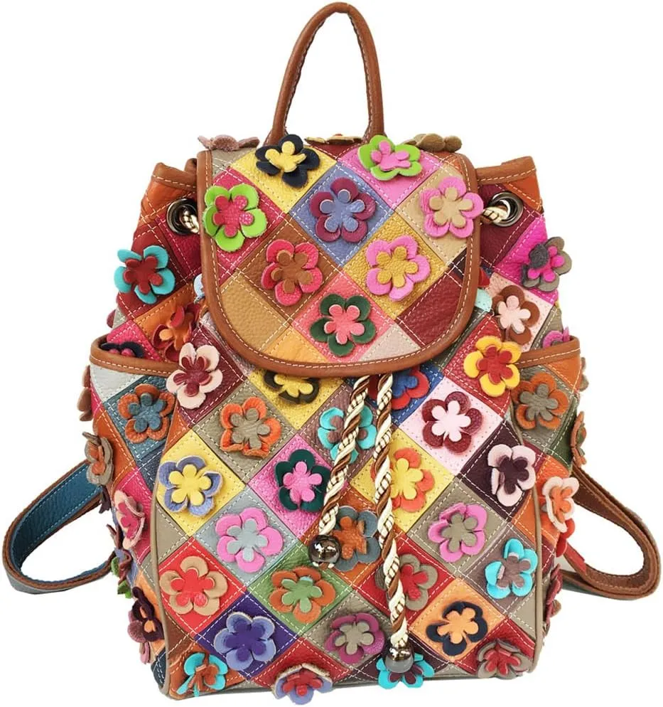 Downupdown 3D Floral Backpacks for Women Genuine Leather Backpack Flap knapsack Bucket Bag Satchel Shoulder Bags Fashion Bags -Multicolour