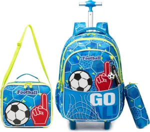 Egchescebo Kids Football Rolling Backpack for Boys Suitcases Trolley Backpacks with Wheels 17 Roller Luggage Backpacks with Lunch Box Pencil Case for Elementary Boy 3pcs Travel Soccer school Bag Blue