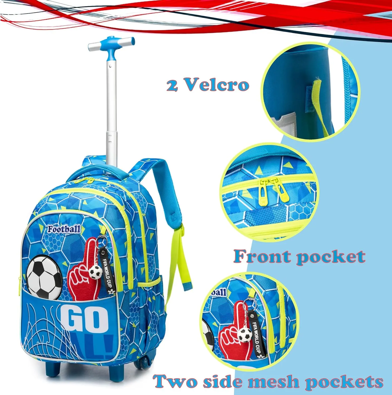 Egchescebo Kids Football Rolling Backpack for Boys Suitcases Trolley Backpacks with Wheels 17 Roller Luggage Backpacks with Lunch Box Pencil Case for Elementary Boy 3pcs Travel Soccer school Bag Blue