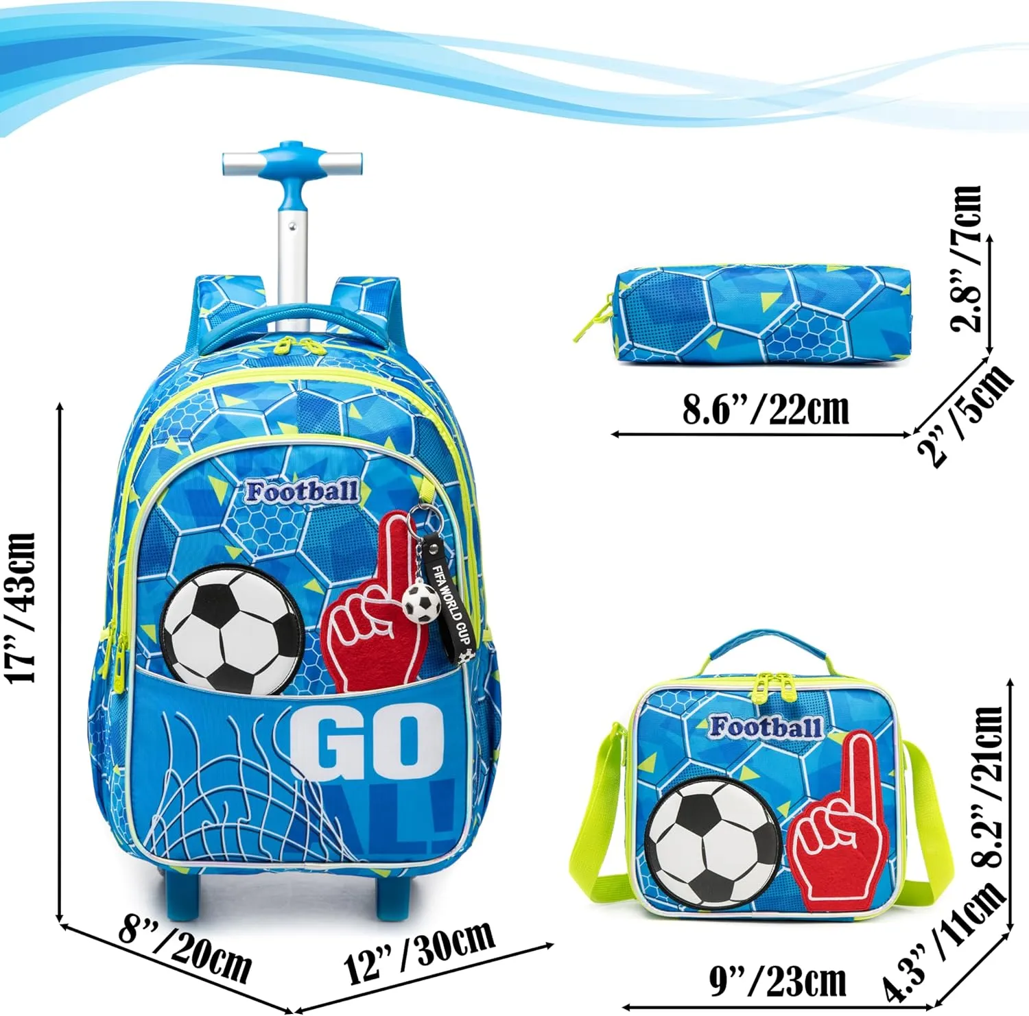 Egchescebo Kids Football Rolling Backpack for Boys Suitcases Trolley Backpacks with Wheels 17 Roller Luggage Backpacks with Lunch Box Pencil Case for Elementary Boy 3pcs Travel Soccer school Bag Blue