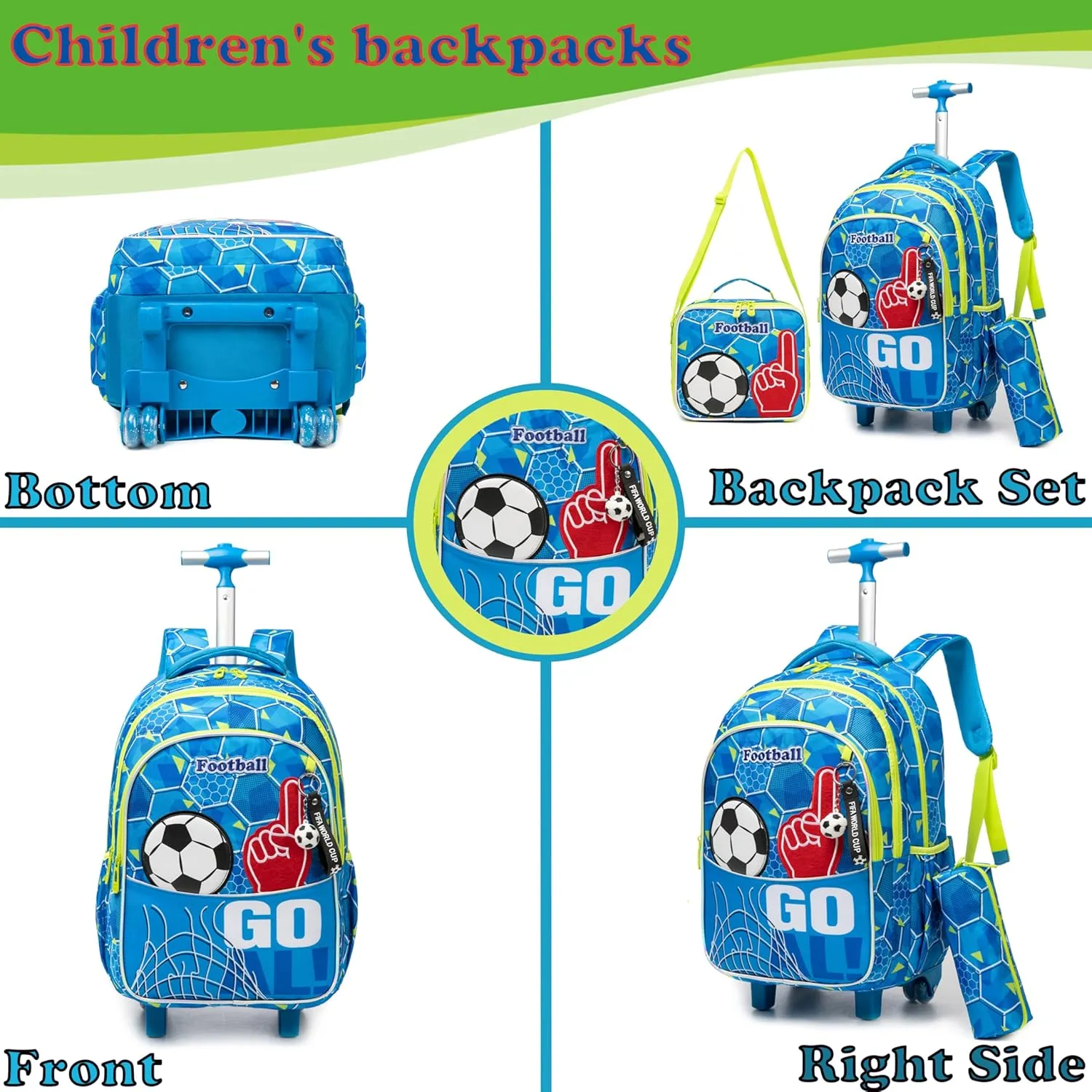 Egchescebo Kids Football Rolling Backpack for Boys Suitcases Trolley Backpacks with Wheels 17 Roller Luggage Backpacks with Lunch Box Pencil Case for Elementary Boy 3pcs Travel Soccer school Bag Blue