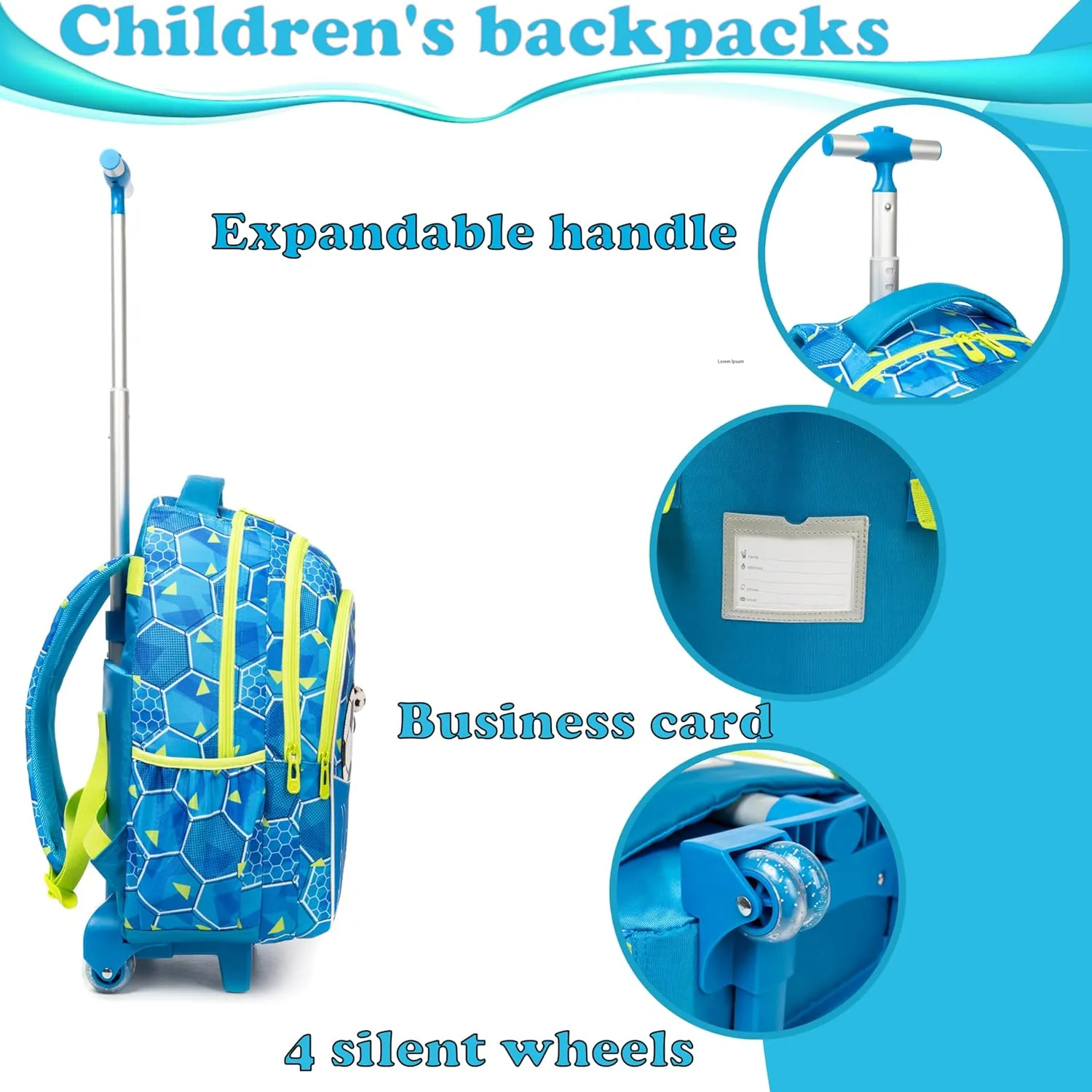 Egchescebo Kids Football Rolling Backpack for Boys Suitcases Trolley Backpacks with Wheels 17 Roller Luggage Backpacks with Lunch Box Pencil Case for Elementary Boy 3pcs Travel Soccer school Bag Blue