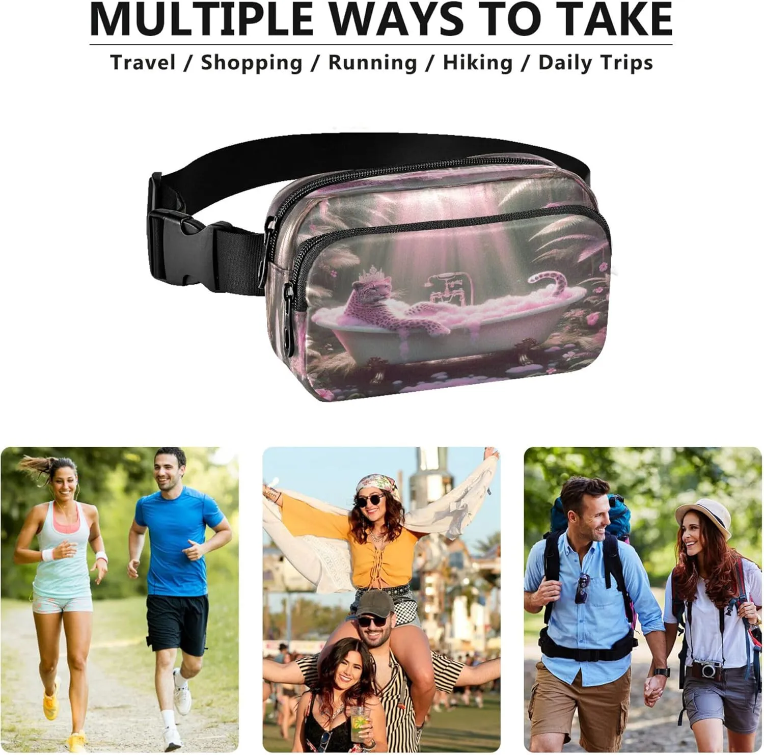 Exnundod Fanny Packs Artistic Pink Leopard Running Waist Pack Women Crossbody Bags Waterproof Men Fanny Pack