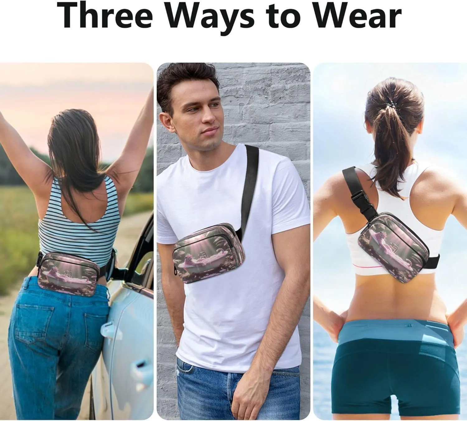 Exnundod Fanny Packs Artistic Pink Leopard Running Waist Pack Women Crossbody Bags Waterproof Men Fanny Pack