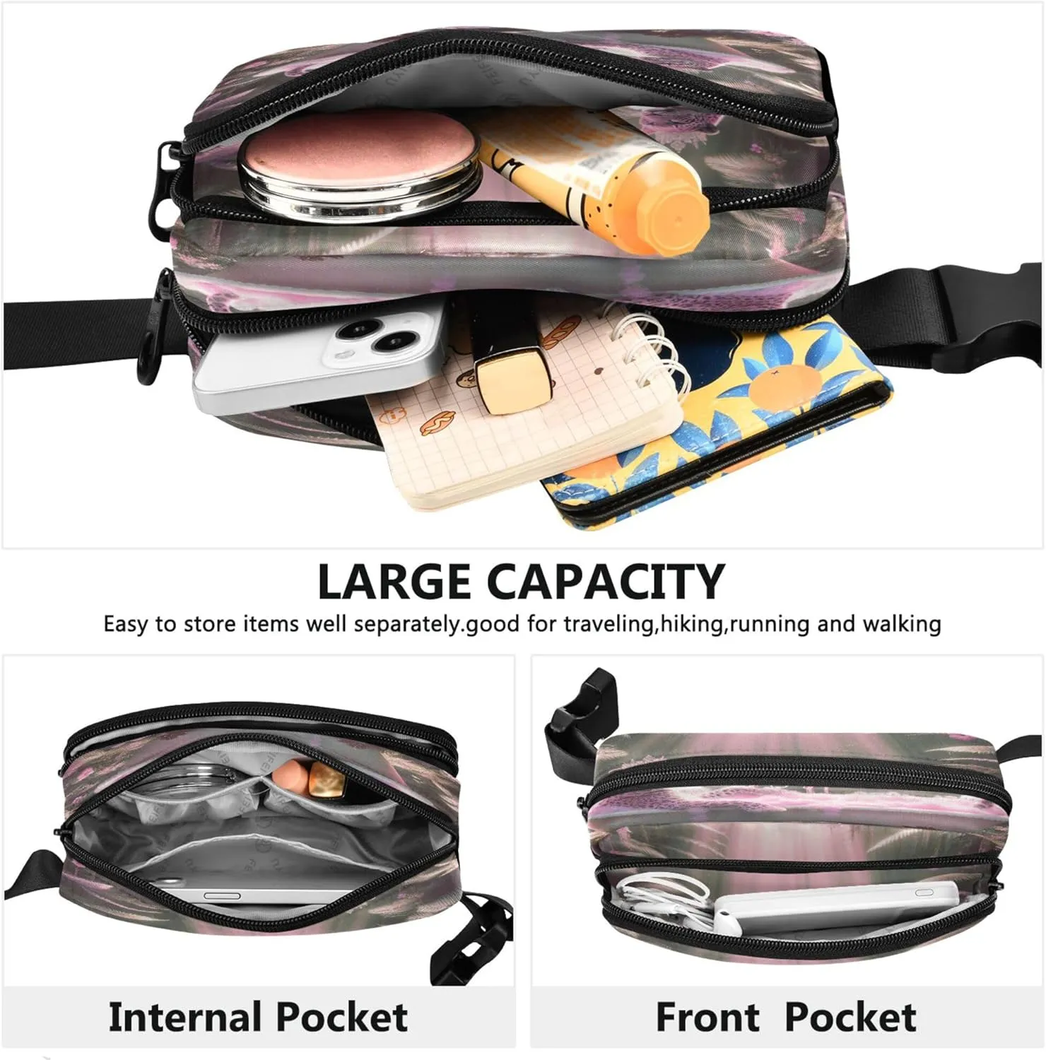 Exnundod Fanny Packs Artistic Pink Leopard Running Waist Pack Women Crossbody Bags Waterproof Men Fanny Pack