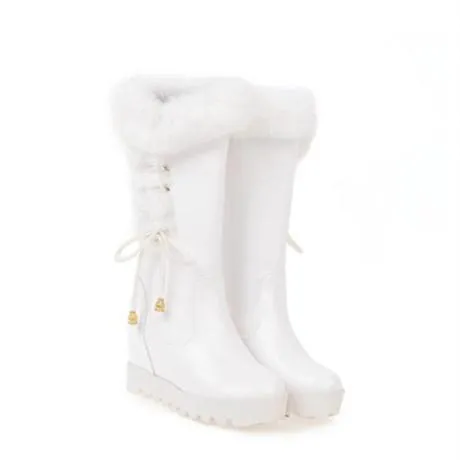 Fashion fuzzy cuff side lace-up mid calf wedge boots