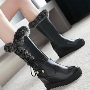 Fashion fuzzy cuff side lace-up mid calf wedge boots