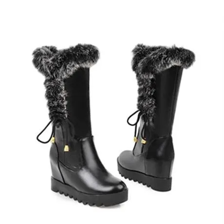Fashion fuzzy cuff side lace-up mid calf wedge boots