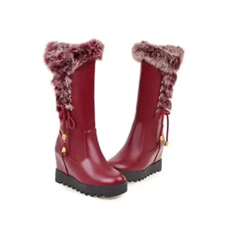 Fashion fuzzy cuff side lace-up mid calf wedge boots