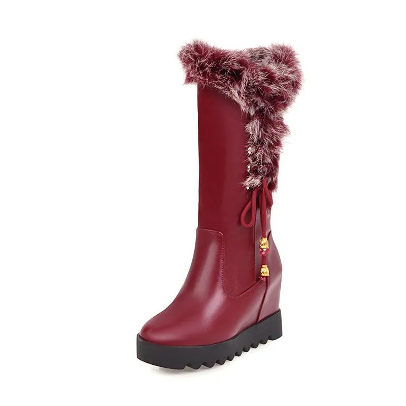 Fashion fuzzy cuff side lace-up mid calf wedge boots
