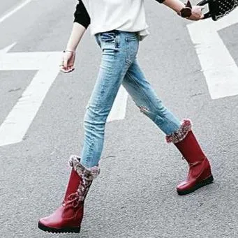 Fashion fuzzy cuff side lace-up mid calf wedge boots