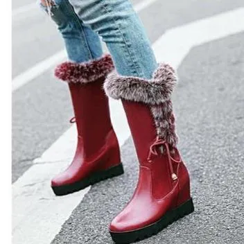 Fashion fuzzy cuff side lace-up mid calf wedge boots