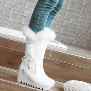 Fashion fuzzy cuff side lace-up mid calf wedge boots