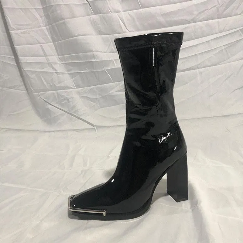 Fashion Suede Chunky Heel Square Toe Calf Boots