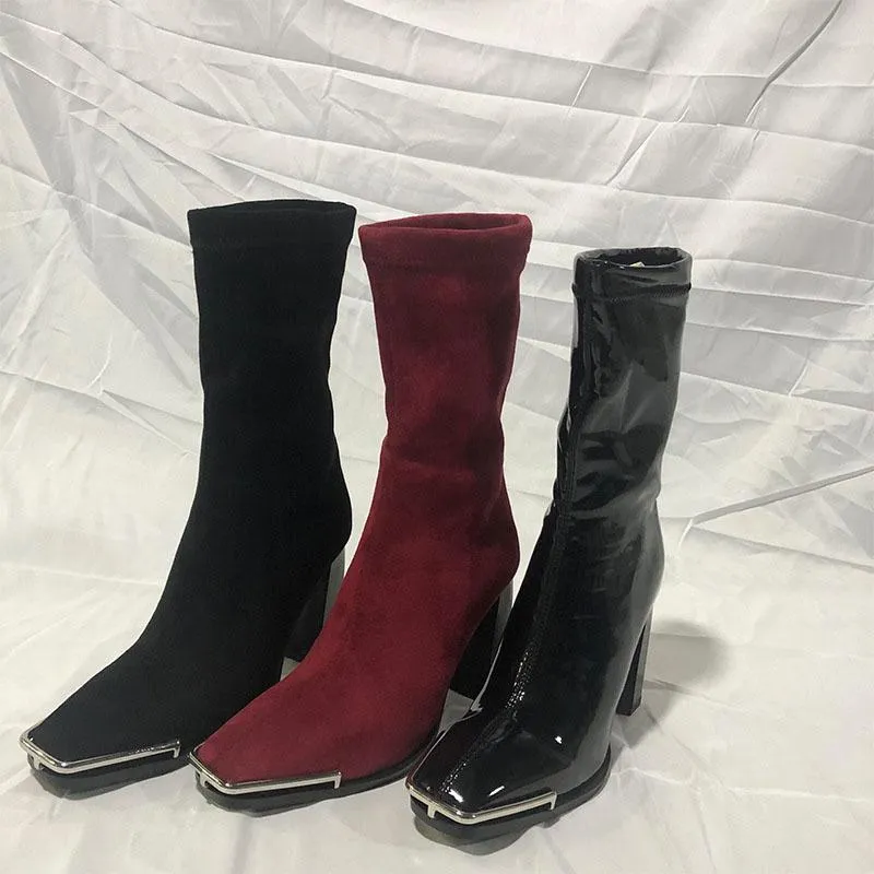 Fashion Suede Chunky Heel Square Toe Calf Boots