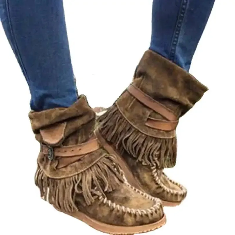 Faux Suede Retro Tassel Women's Boots Side Zipper Buckle Flat Sole Warm Shoes Moccasin Comfortable Round Toe Non-slip Sole Soft Ankle Boots Black Blue Khaki Brown Purple EUR size 35-43