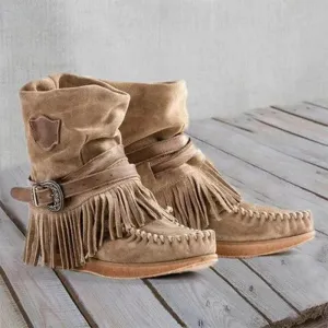 Faux Suede Retro Tassel Women's Boots Side Zipper Buckle Flat Sole Warm Shoes Moccasin Comfortable Round Toe Non-slip Sole Soft Ankle Boots Black Blue Khaki Brown Purple EUR size 35-43