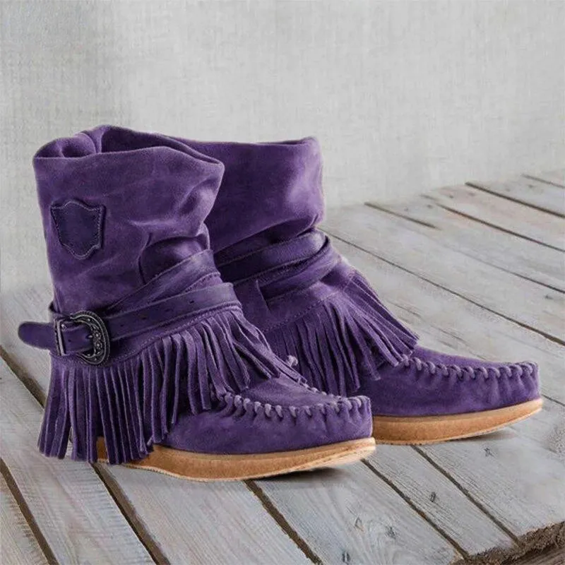 Faux Suede Retro Tassel Women's Boots Side Zipper Buckle Flat Sole Warm Shoes Moccasin Comfortable Round Toe Non-slip Sole Soft Ankle Boots Black Blue Khaki Brown Purple EUR size 35-43