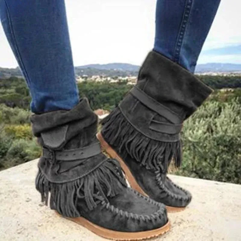 Faux Suede Retro Tassel Women's Boots Side Zipper Buckle Flat Sole Warm Shoes Moccasin Comfortable Round Toe Non-slip Sole Soft Ankle Boots Black Blue Khaki Brown Purple EUR size 35-43