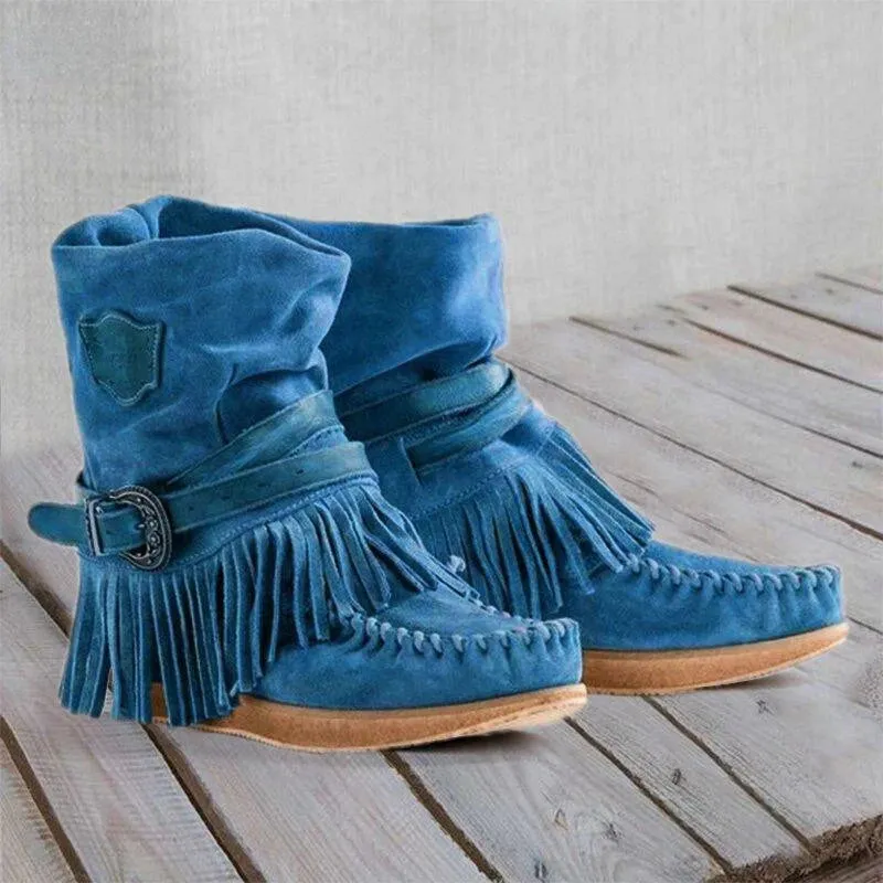 Faux Suede Retro Tassel Women's Boots Side Zipper Buckle Flat Sole Warm Shoes Moccasin Comfortable Round Toe Non-slip Sole Soft Ankle Boots Black Blue Khaki Brown Purple EUR size 35-43