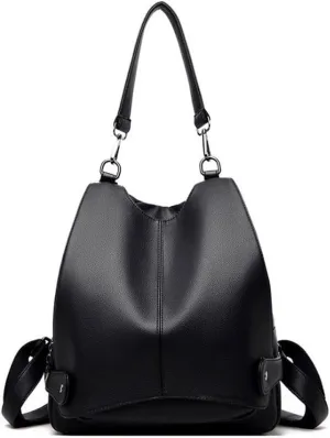 for women Soft PU Bag Large Capacity Backpack Stylish and spacious shoulder bag leather (Black)