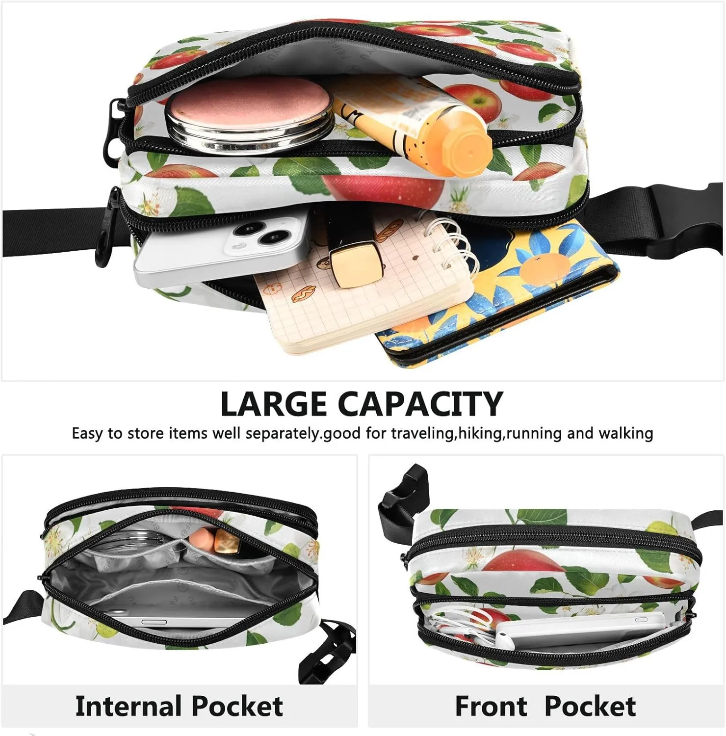 Fresh Apples Fruit White Fashion Waist Pack Crossbody Bag for Women Men Teenagers Small Chest Belt Bum Bag with Adjustable Strap for Travel Gym Work