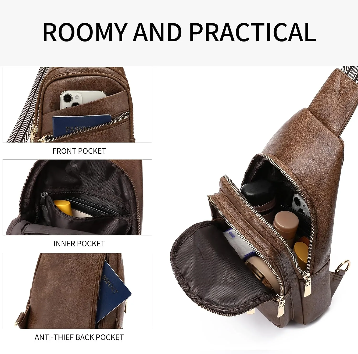 GAEKEAO Sling Bag for Women Vegan Leather Crossbody Bags Fanny Pack Chest Pack Small Backpack Travel Purse Shoulder Bag