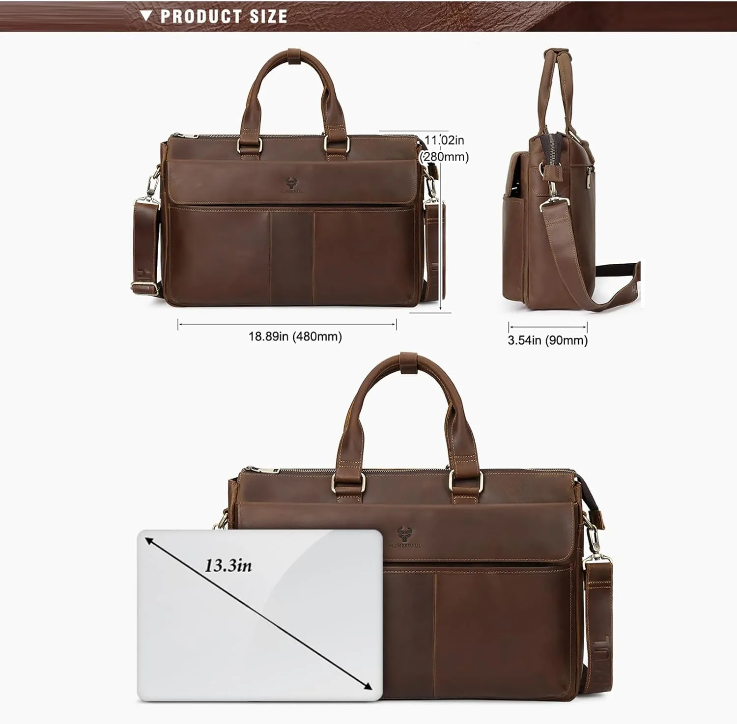 Genuine Leather Briefcase for Men, Laptop Bag with Spacious Interior, Adjustable Shoulder Strap, Multiple Pockets