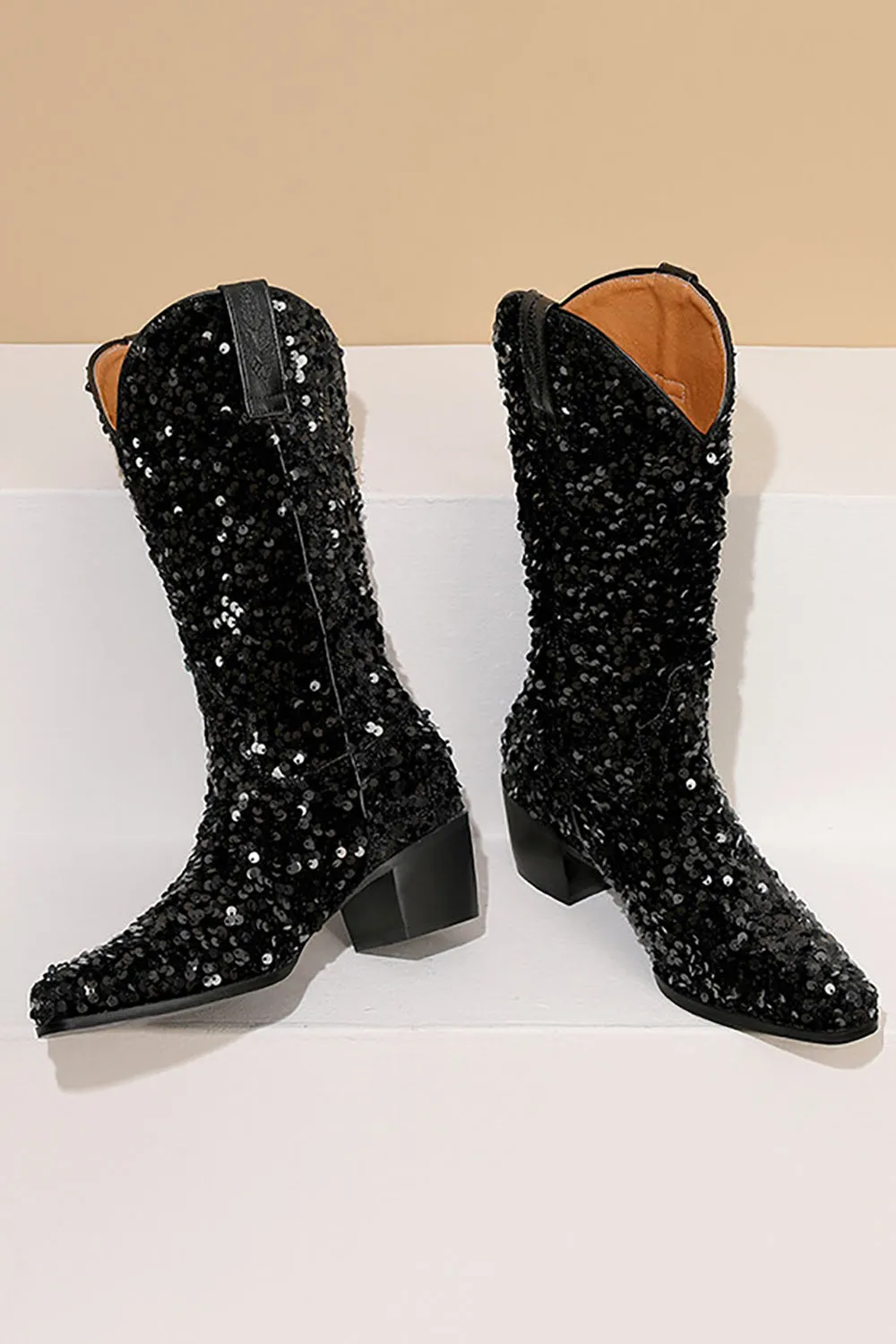 Glitter Black Mid Calf Sequins Snip Toe Chunky Heeled Boots