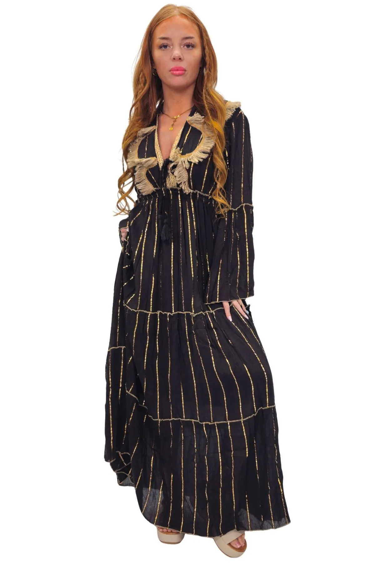 Gold Stripe Cord Design Neck Dress