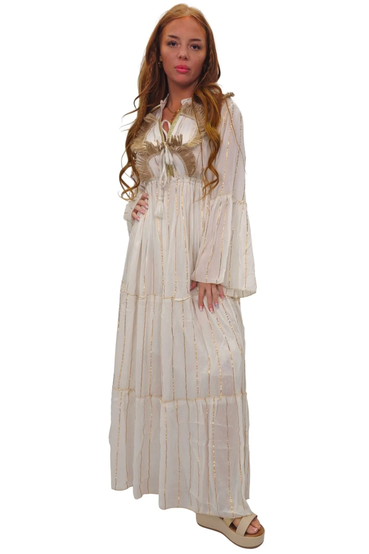 Gold Stripe Cord Design Neck Dress