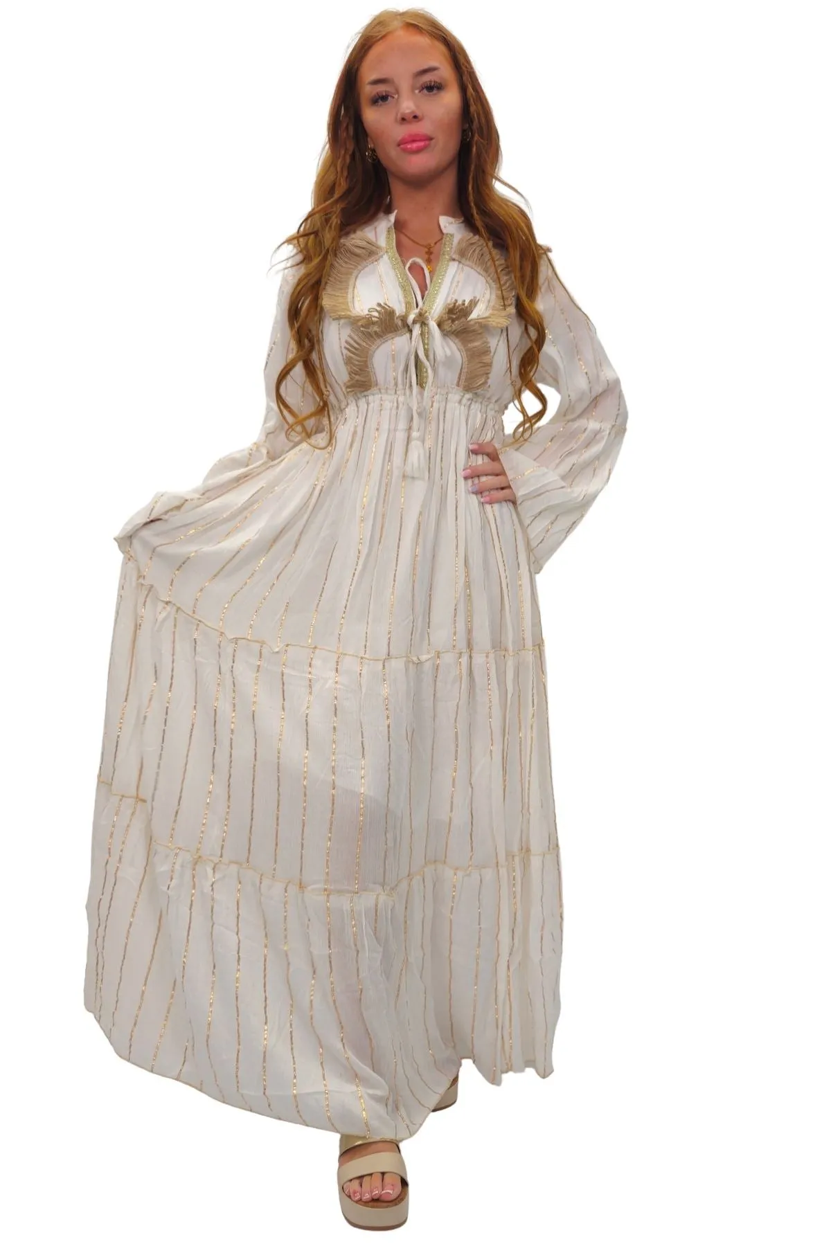 Gold Stripe Cord Design Neck Dress