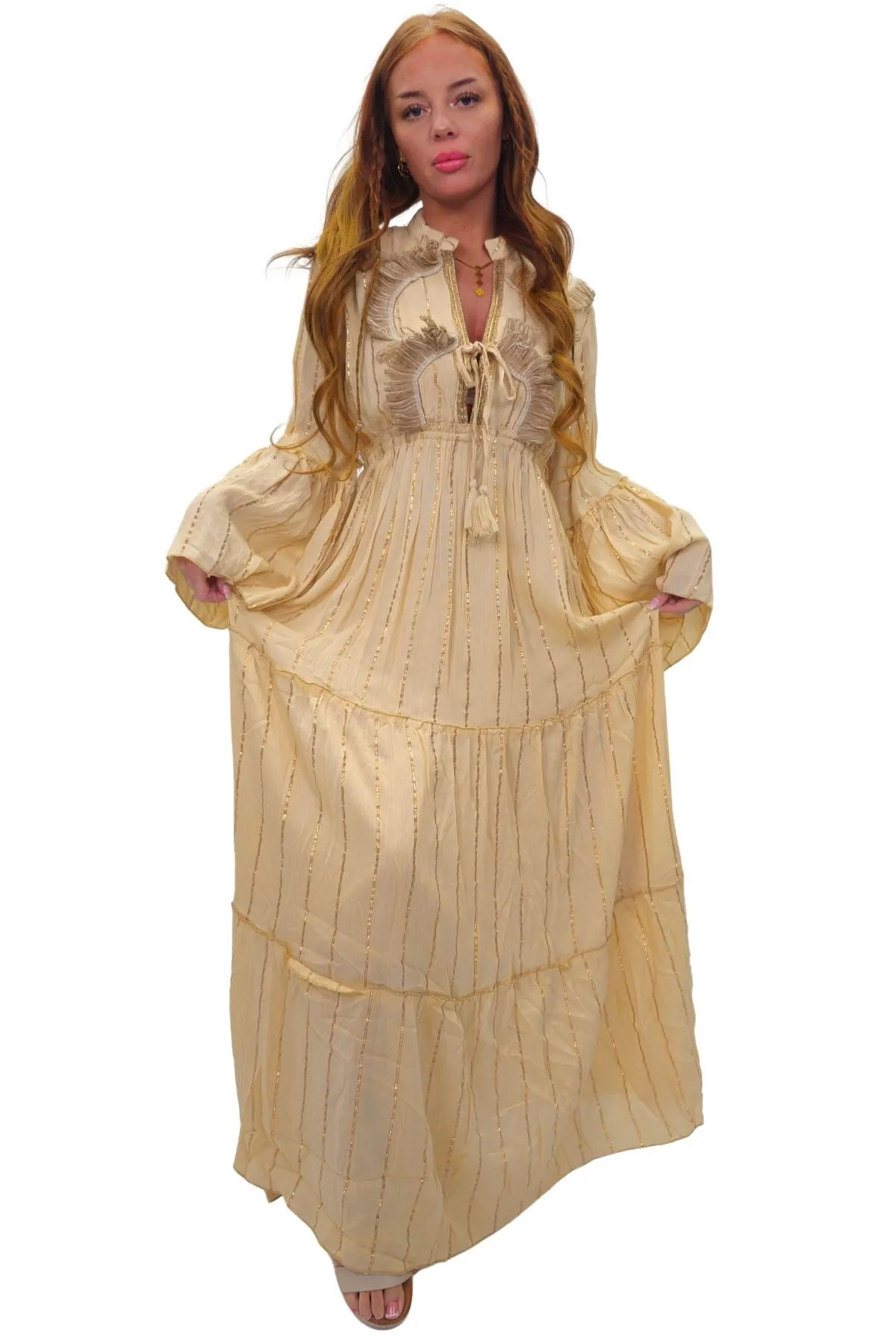 Gold Stripe Cord Design Neck Dress