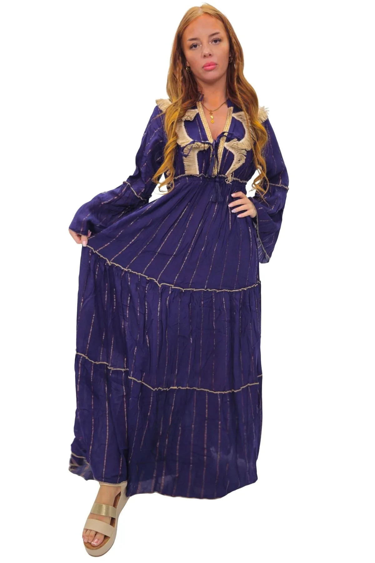 Gold Stripe Cord Design Neck Dress