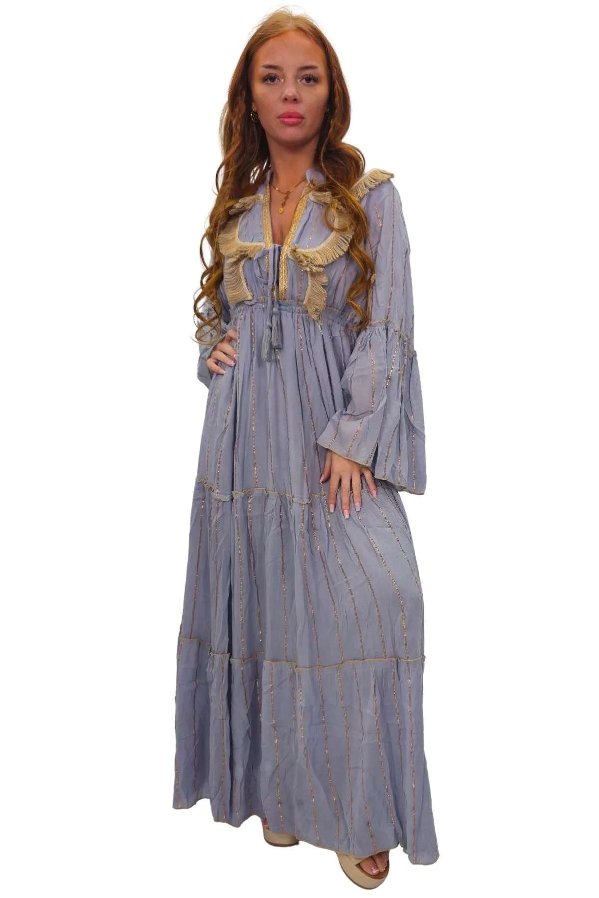 Gold Stripe Cord Design Neck Dress