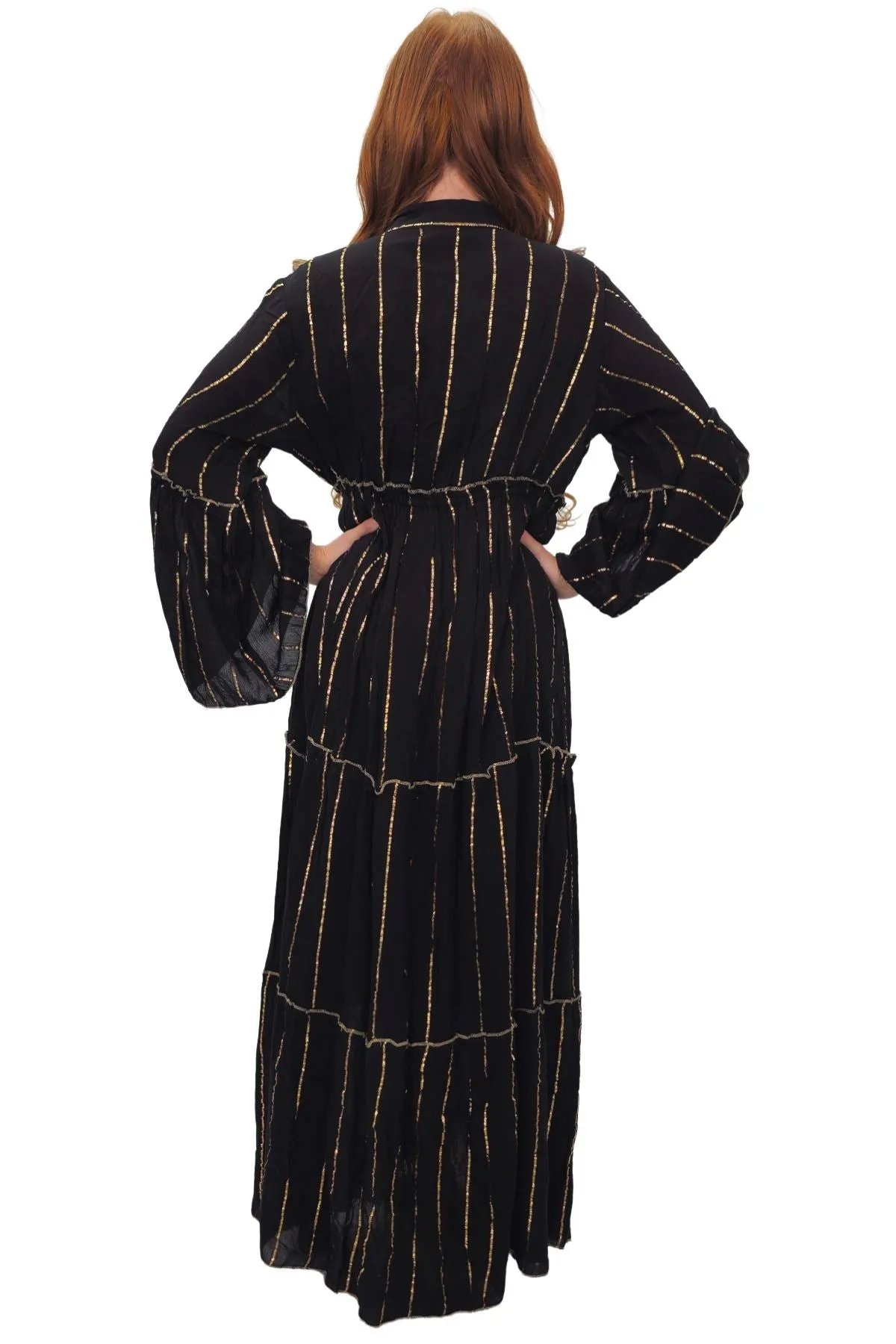 Gold Stripe Cord Design Neck Dress