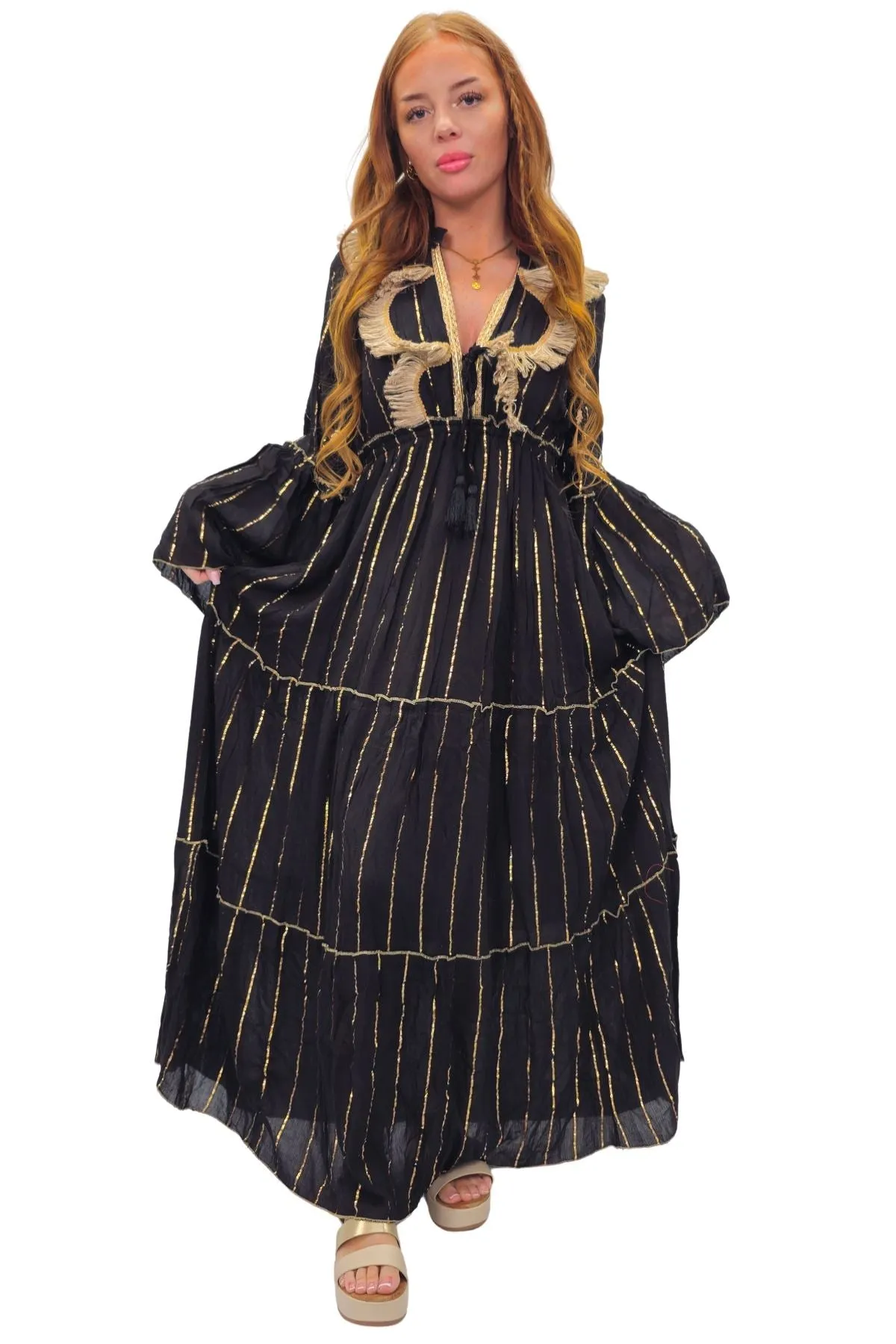 Gold Stripe Cord Design Neck Dress