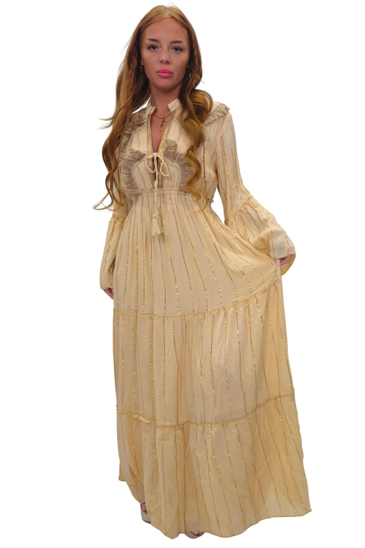Gold Stripe Cord Design Neck Dress