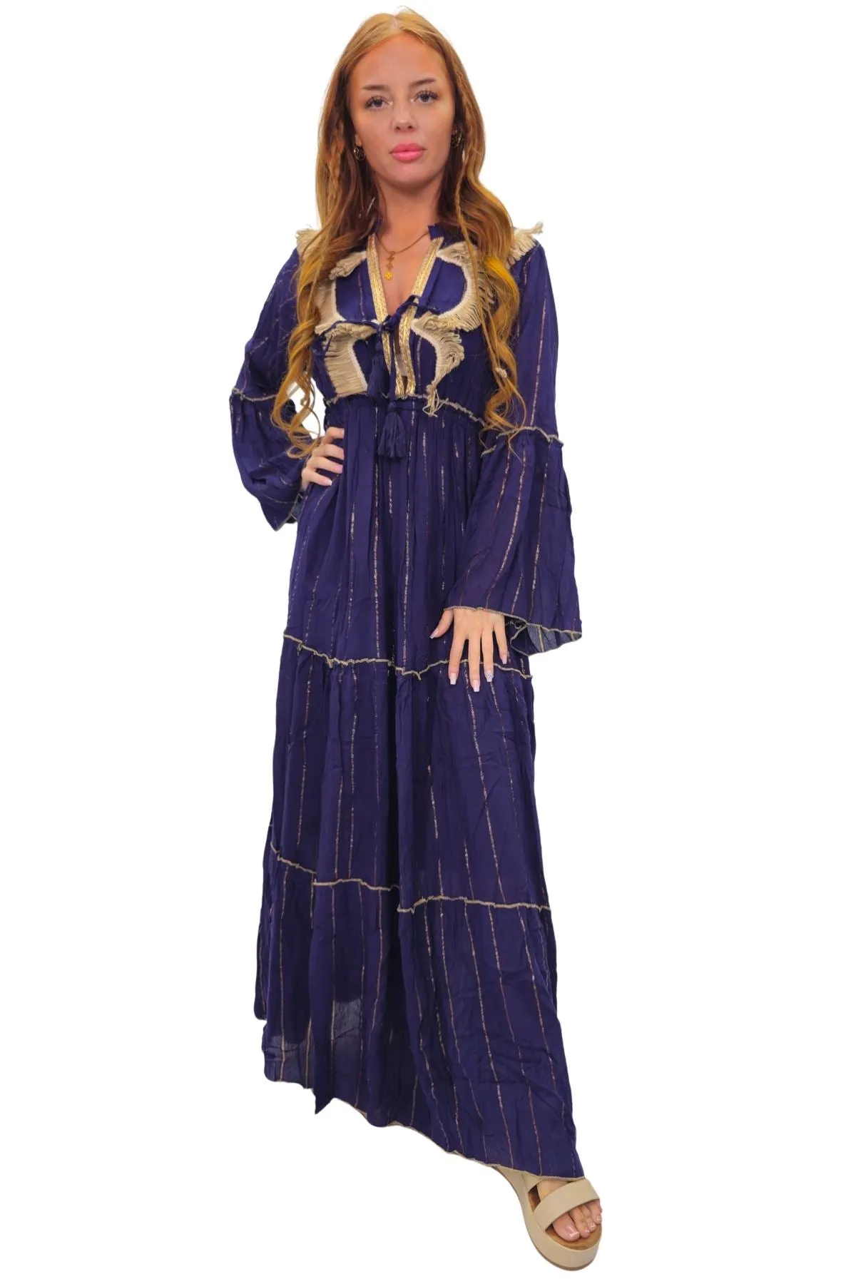 Gold Stripe Cord Design Neck Dress