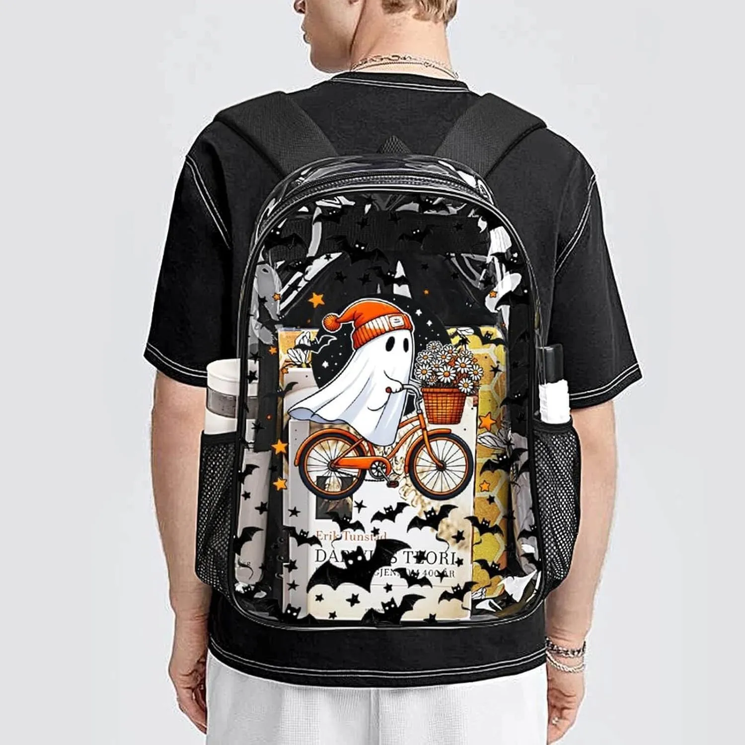 Halloween Clear Backpack Heavy Duty for Girls Kids Boys Women Men - Large Cute PVC Halloweens Theme Printing Transparent Backpacks for Schools Stadium Concerts Work - Clear/Black