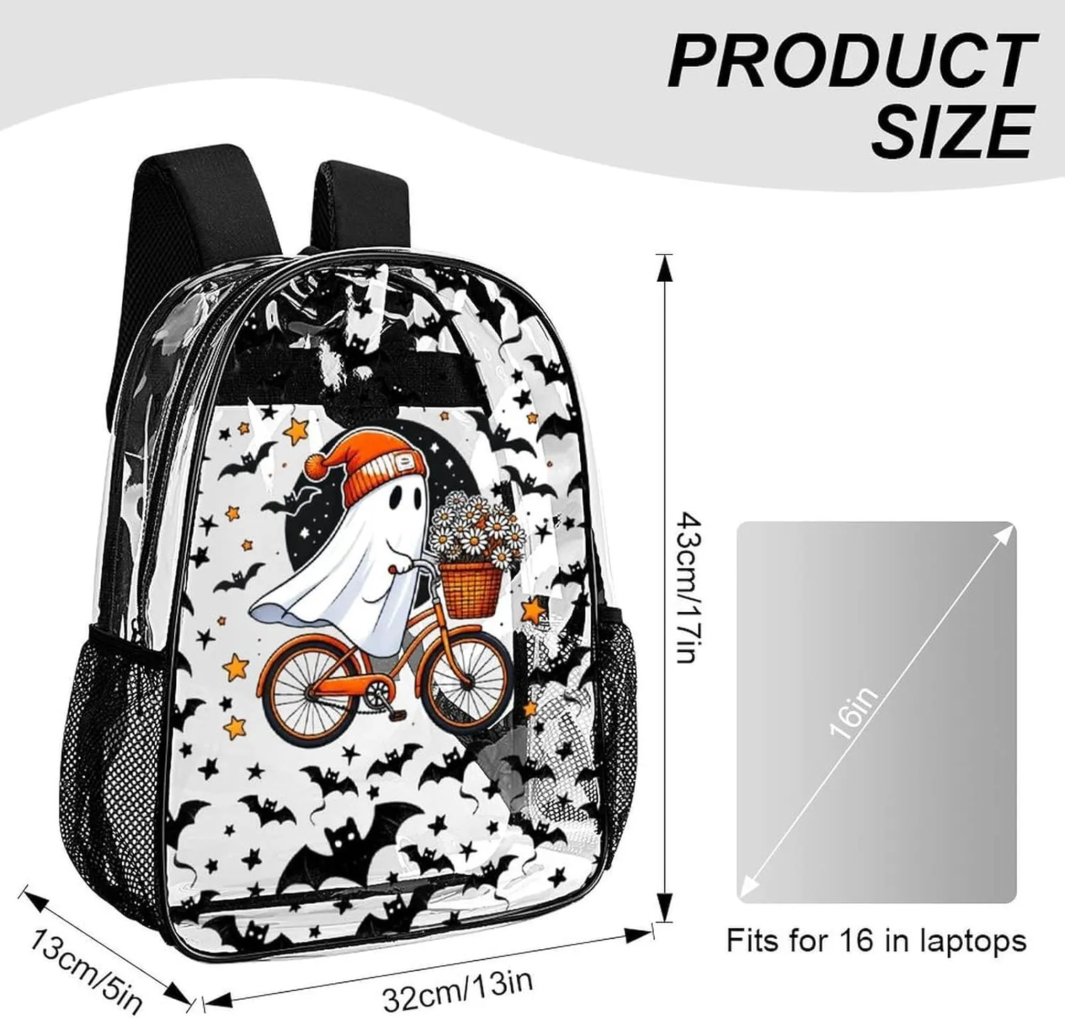 Halloween Clear Backpack Heavy Duty for Girls Kids Boys Women Men - Large Cute PVC Halloweens Theme Printing Transparent Backpacks for Schools Stadium Concerts Work - Clear/Black