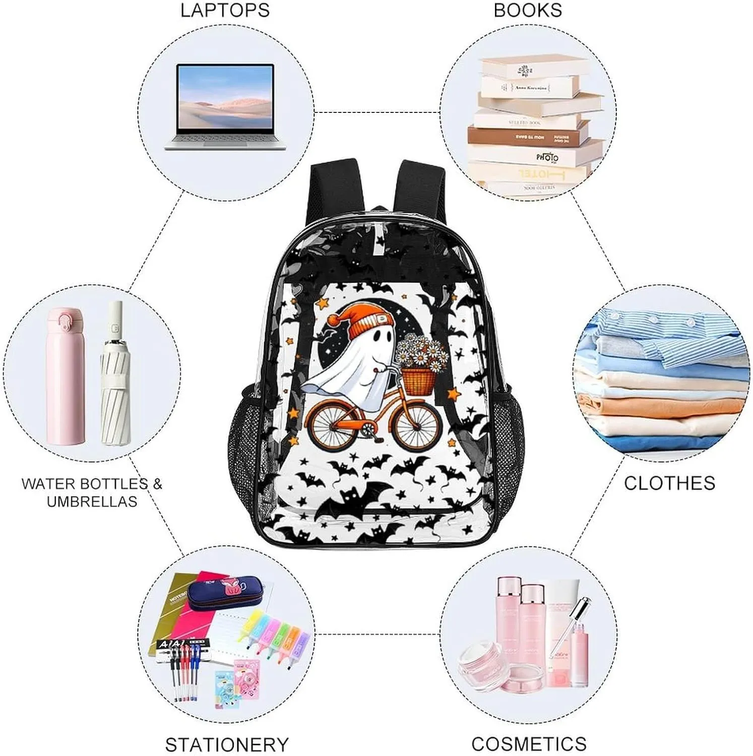 Halloween Clear Backpack Heavy Duty for Girls Kids Boys Women Men - Large Cute PVC Halloweens Theme Printing Transparent Backpacks for Schools Stadium Concerts Work - Clear/Black