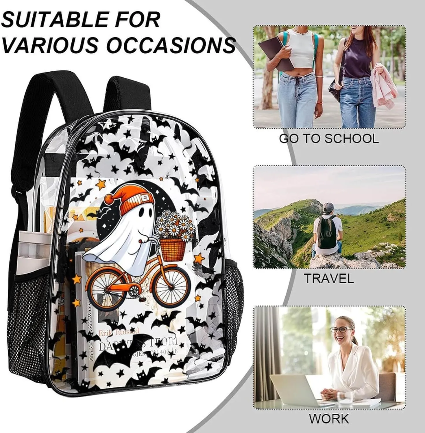 Halloween Clear Backpack Heavy Duty for Girls Kids Boys Women Men - Large Cute PVC Halloweens Theme Printing Transparent Backpacks for Schools Stadium Concerts Work - Clear/Black