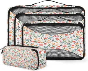 Hand Drawn Flowers Artistic Pattern 4 Piece Packing Travel Organizer Cubes Set Mesh Fabric Ventilate Design Lightweight Travel Accessories 4 Sizes (Extra Large, Large, Medium, Small)