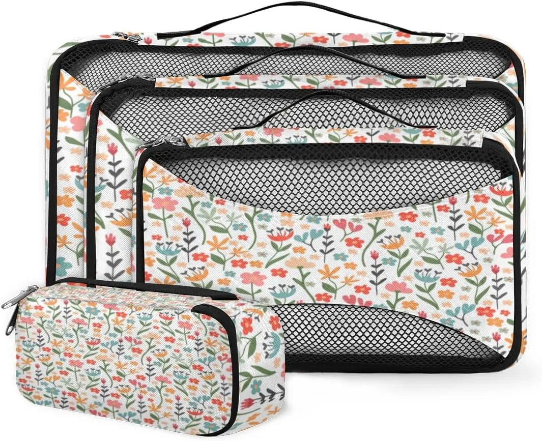 Hand Drawn Flowers Artistic Pattern 4 Piece Packing Travel Organizer Cubes Set Mesh Fabric Ventilate Design Lightweight Travel Accessories 4 Sizes (Extra Large, Large, Medium, Small)