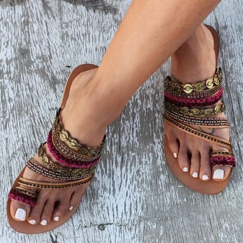 Hand Made Bohemian Beads Weave Women Slipper Thong Beach Sandals