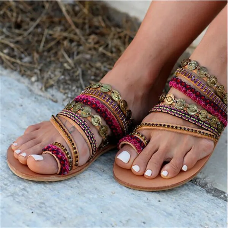 Hand Made Bohemian Beads Weave Women Slipper Thong Beach Sandals