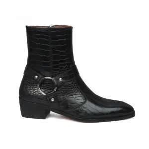 Handmade Custom Dark Black Leather Crocodile Pattern Jodhpur Boots For Men