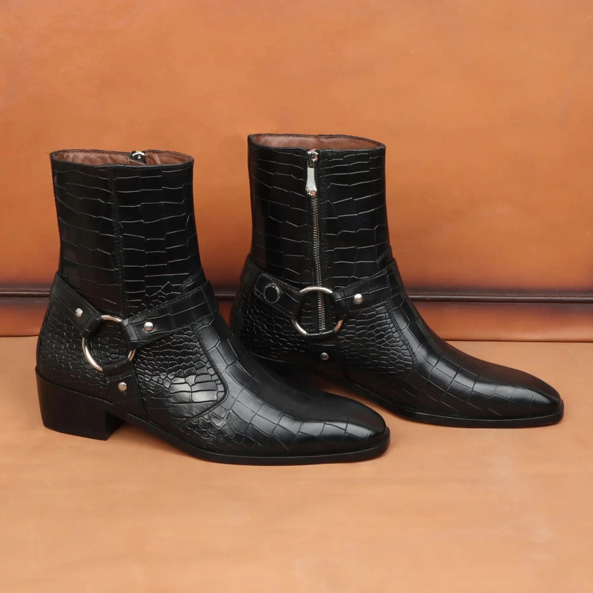 Handmade Custom Dark Black Leather Crocodile Pattern Jodhpur Boots For Men